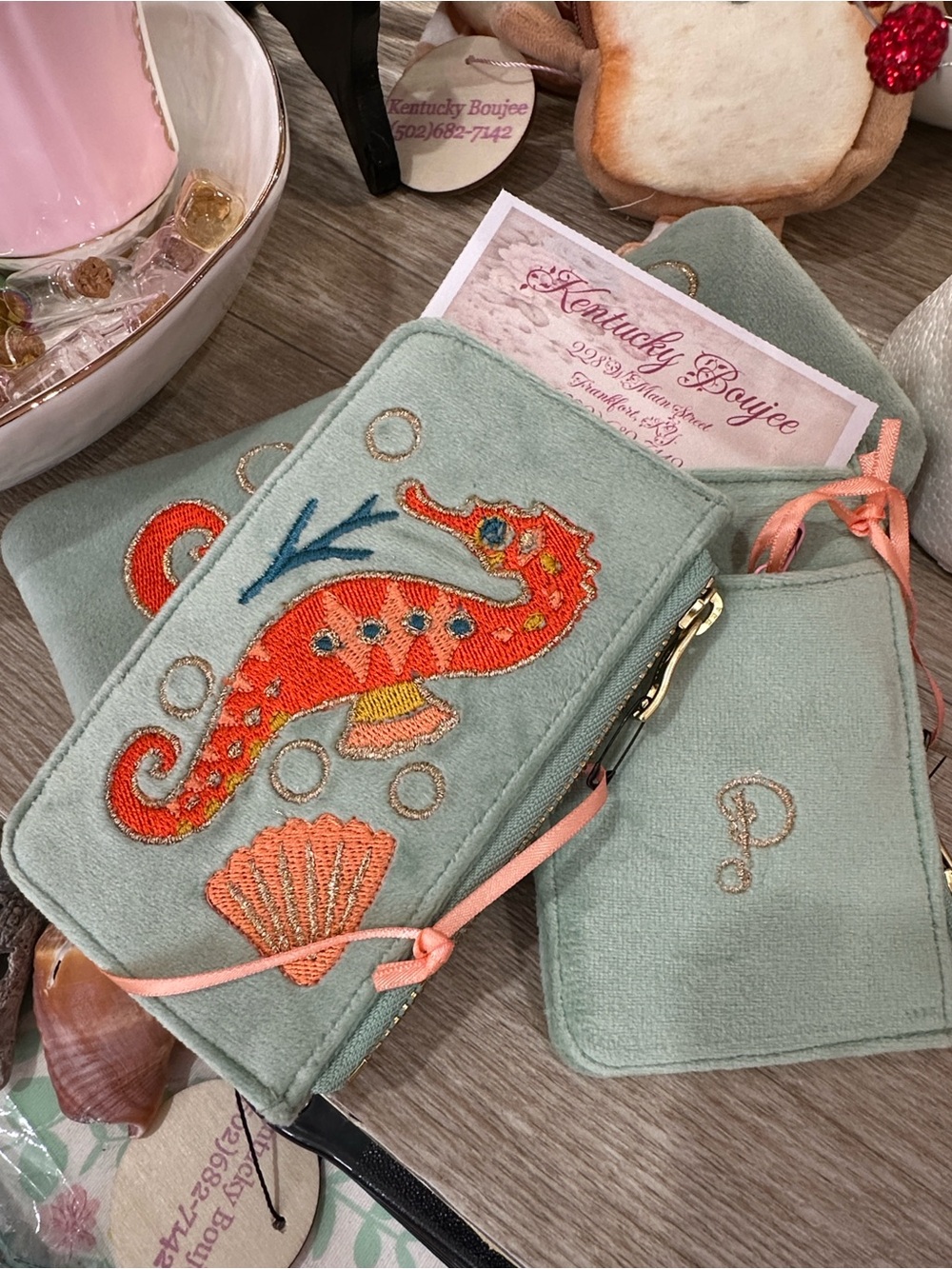 POWDER Embroidered Velvet Seahorse Coin and Credit Card Pouch